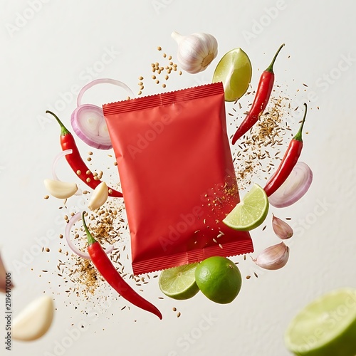 Blank Red Food Packaging Pouch Floating with Fresh Spices and Ingredients