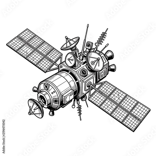Detailed Black and White Line Art Illustration of an Orbiting Space Satellite