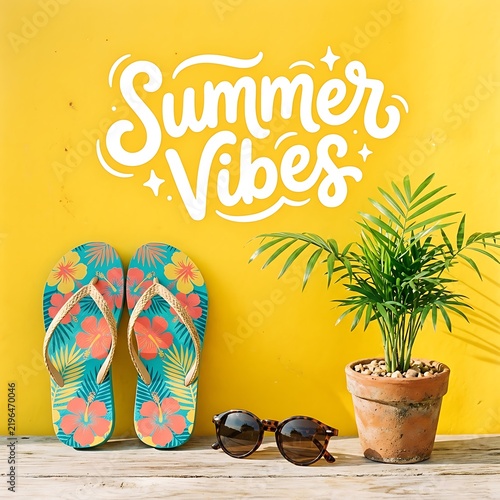 Summer vibes concept with flip flops, sunglasses, and a potted plant