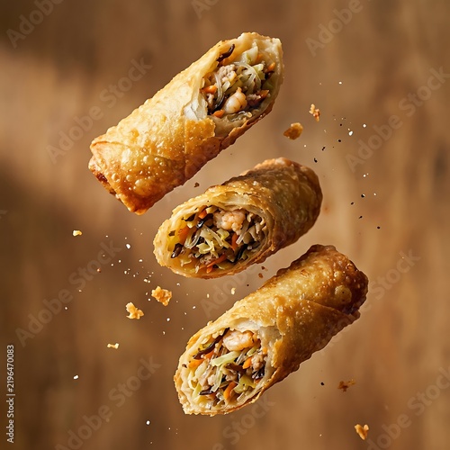 Three Crispy Fried Egg Rolls Floating in Air with Delicious Vegetable Filling