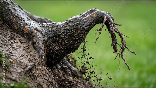 Tree root shedding loose damp soil along the edge of a slumped muddy slope slick with rain