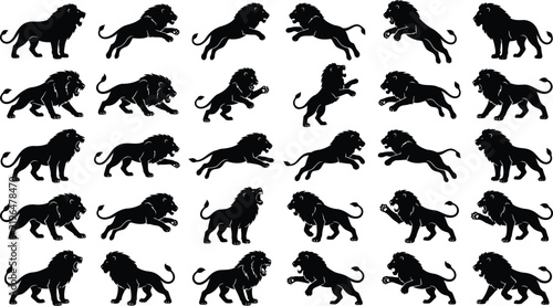 Set of Black Lion Motion Silhouettes Showing Different Movement Actions