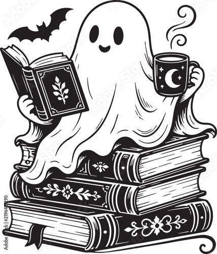 funny Halloween ghost with books