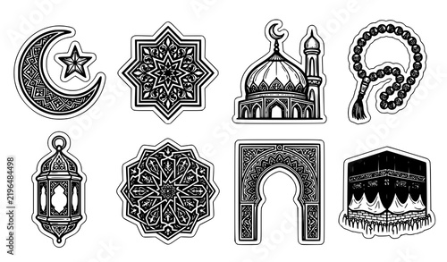 Islamic Sticker Set Collection, Mosque Kaaba Crescent Moon and Ramadan Decorative Black White Vector
