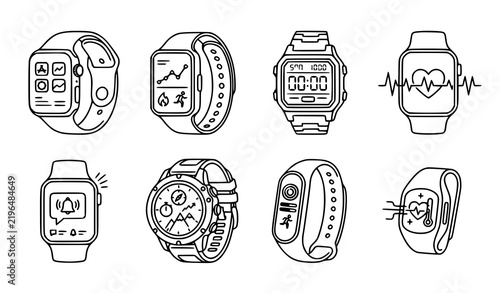 Smartwatch Wearable Technology Device Icon Set, Fitness Tracker and Digital Wristwatch Black White Vector