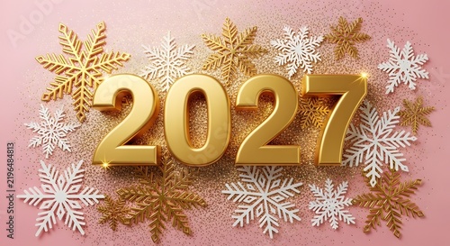 Golden 2027 New Year 3D numbers, festive winter background with gold and white snowflakes, elegant holiday greeting card design on pink glitter texture