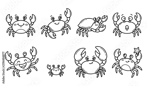 Cute Crab Animal Cartoon Outline Icon Set, Funny Marine Creature Black White Vector Illustration Collection