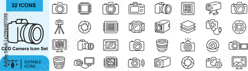 32 CCD Camera Vector Outline Icons Set – Digital Camera, Image Sensor, Camera Lens, Aperture, Industrial Camera, Tripod Camera, USB Camera and Astrophotography Line Symbols Collection