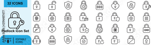 32 Padlock Vector Outline Icons Set – Combination Lock, Biometric Padlock, Open Lock, Heart Padlock, Shield Protection, Keycard Lock and Safety Security Line Symbols Collection