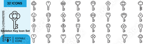 32 Skeleton Key Vector Outline Icons Set – Antique Key, Vintage Key, Master Key, Heart Key, Decorative Key, Retro Door Key and Classic Keyhole Line Symbols Collection