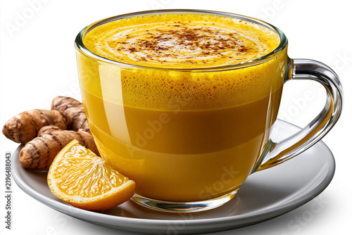 Golden turmeric drink with ginger and lemon on a plate