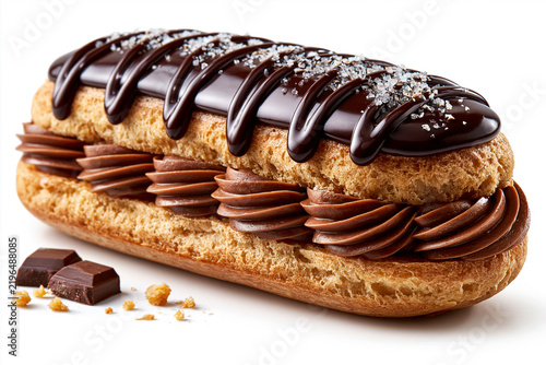 Chocolate eclair with frosting and chocolate details on a white background