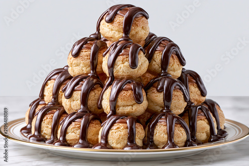 Dessert made of cream puffs topped with chocolate sauce on a plate