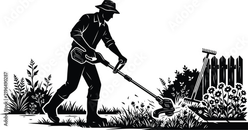 Gardener trimming grass with a string trimmer in a backyard