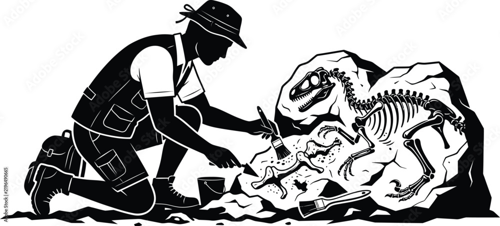 Obraz premium Paleontologist excavating a dinosaur skeleton from rock in black