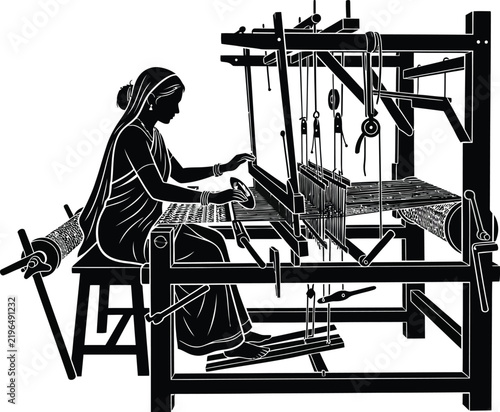 Woman weaving fabric on a traditional wooden loom