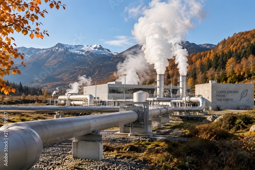 Clean geothermal power plant infrastructure surrounded by late-autumn mountains with steam rising into a crisp blue sky. Renewable clean energy and geothermal heating concept.
