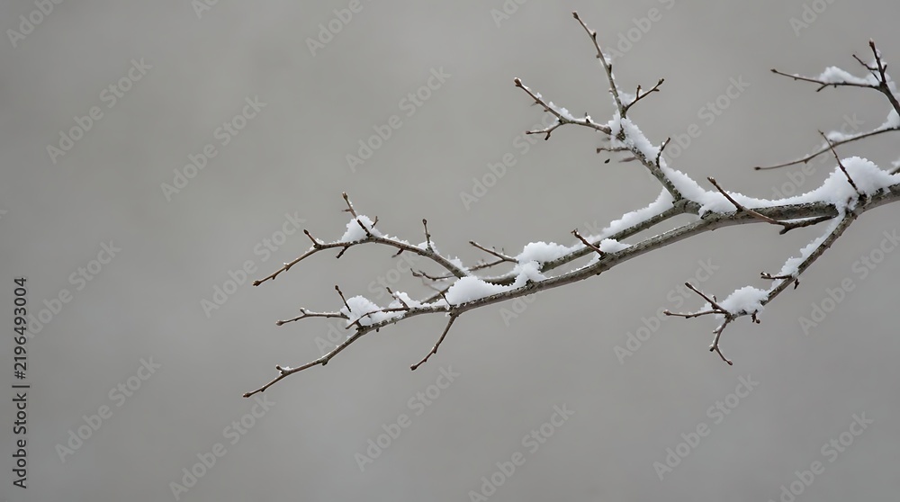 Obraz premium Bare Winter Tree Branch with Snow Against Cloudy Sky.