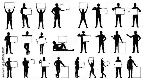Diverse human silhouettes holding blank rectangular placards for advertising and marketing messaging in a collection of twenty-one distinct poses isolated