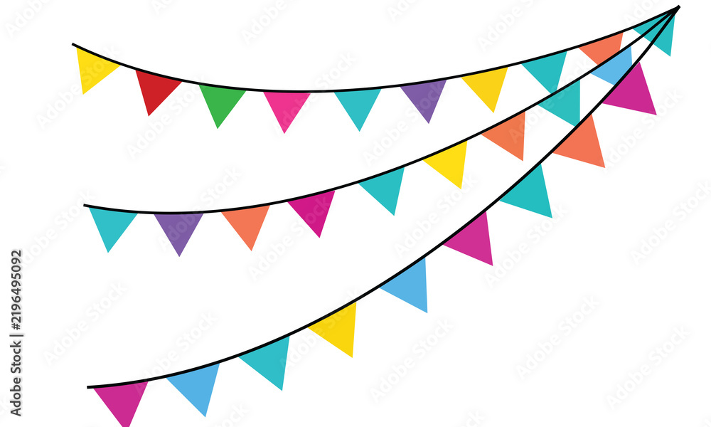 Obraz premium Colorful party bunting flags hanging on strings, festive decorative pennants for celebrations, holidays, birthdays, and events isolated on transparent background