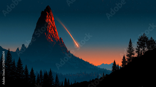 Meteor streaking across night sky over jagged mountain peak
