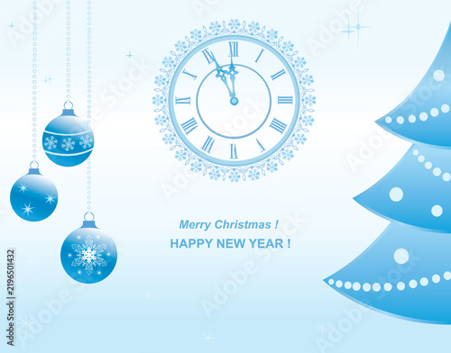 Happy New Year 2027. Greeting card with an abstract design in shades of blue Christmas tree, hanging balls and clock. Flat vector illustration