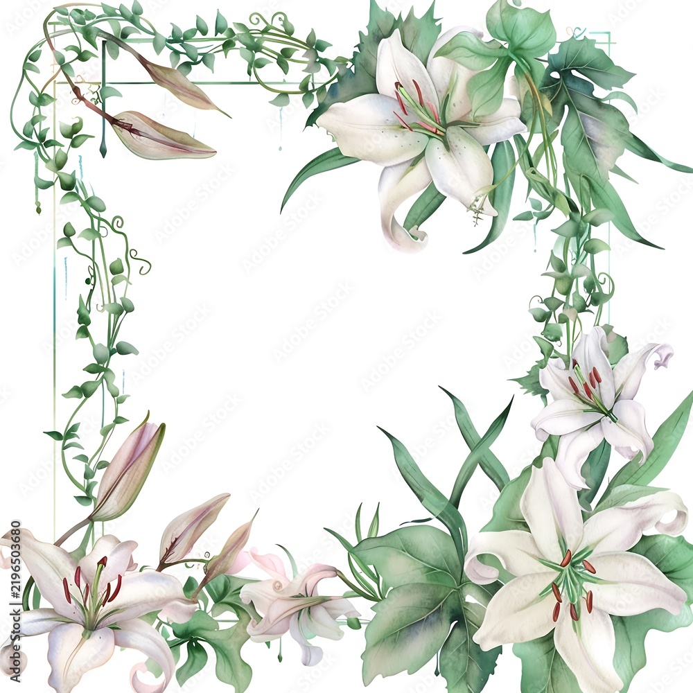 Obraz premium White lily flower frame and botanical border. Watercolor floral illustration with green leaves and vines