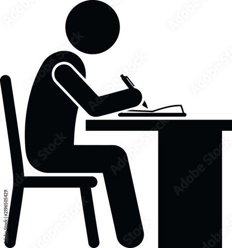 Silhouette person writing at desk during study or work with pen and notebook simple clean design