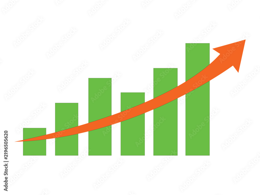 Fototapeta premium Business Growth Arrow Icon with Green Bar Chart and Orange Upward Trend