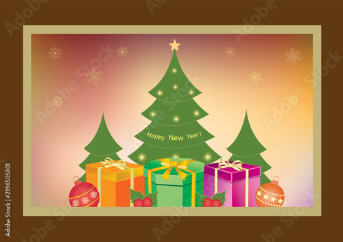 Merry Christmas and Happy New Year 2027. Greeting card with gift boxes and Christmas tree on delicate snowflake background. Vector illustration for posters, marketing, party materials, festive design