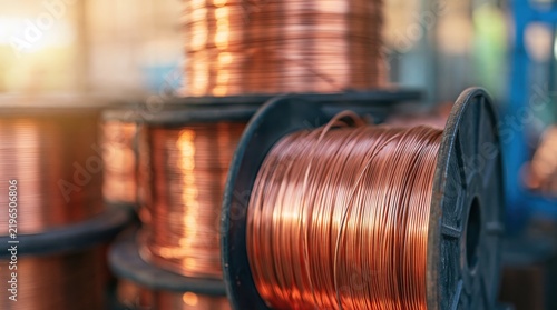 Spools of copper wire in industrial storage