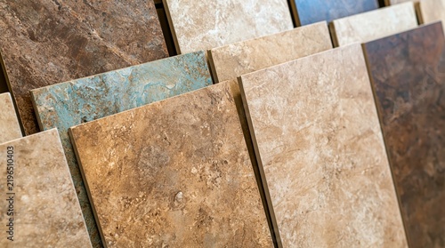 Selection of ceramic floor tile samples in various colors and textures