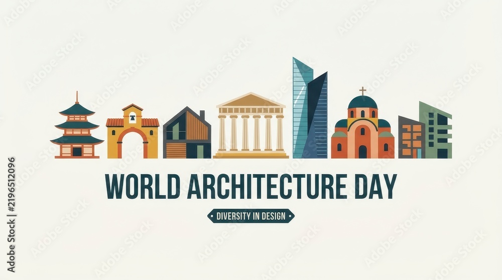 Obraz premium World Architecture Day colorful building icons set with diversity in design text