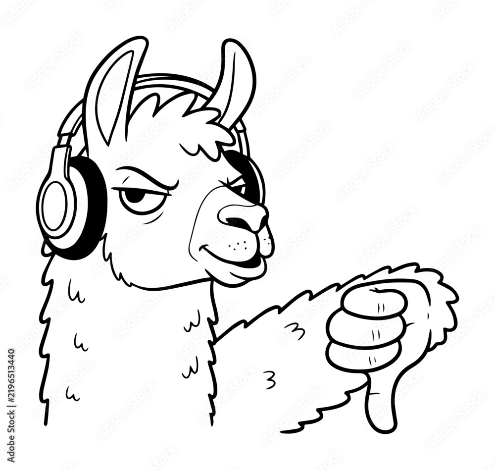 Obraz premium Llama with Headphones Giving Thumbs Down Skeptical Alpaca Cartoon Outline Vector Illustration
