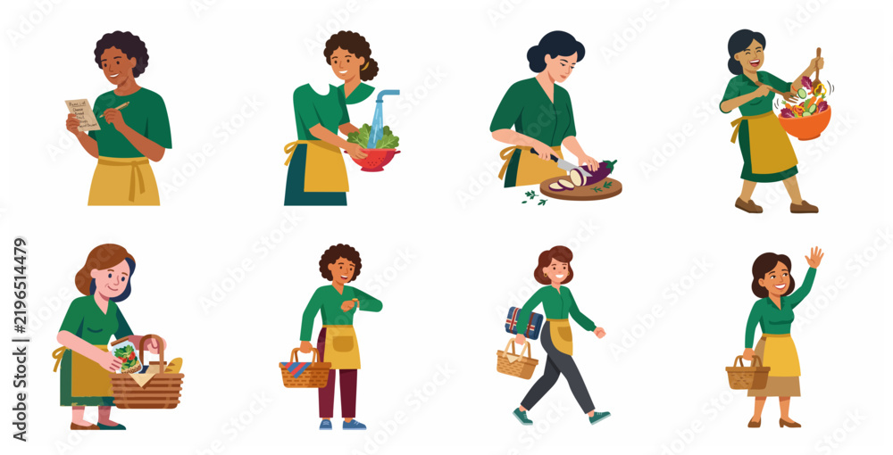 Fototapeta premium Diverse Set of Women Characters Cooking Healthy Food and Preparing for a Picnic