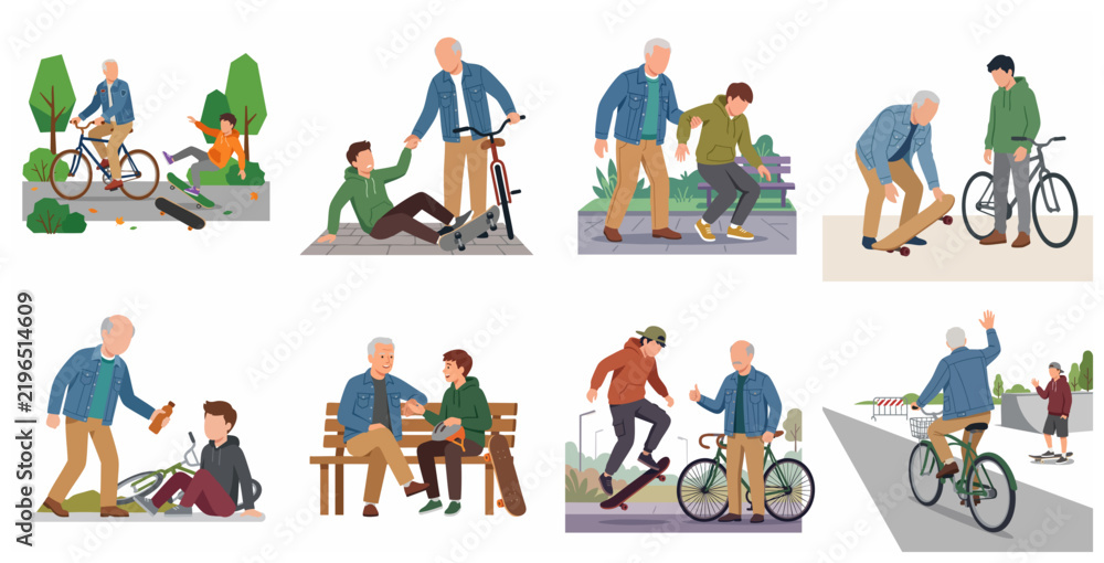 Fototapeta premium Set of illustrations showing a grandfather and grandson bonding through outdoor activities, including skateboarding and cycling, highlighting support, mentorship, and intergenerational connection.