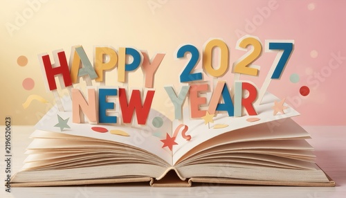 Open pop up book with colorful paper happy 2027 new year text