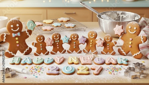 Gingerbread men and iced letter cookies spelling happy new year 2027