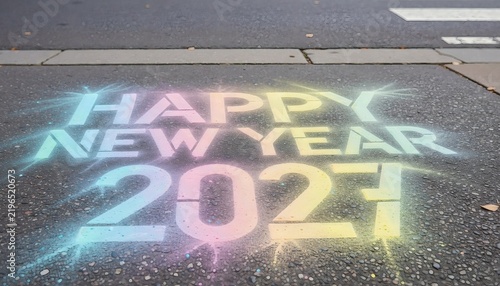 Colorful chalk stencil happy new year 2027 on asphalt street