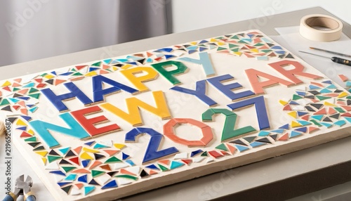 Ceramic tile mosaic artwork forming happy new year 2027 on table