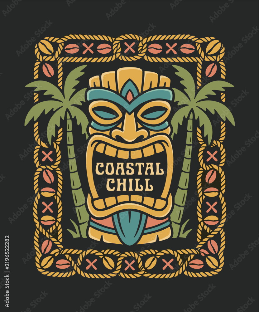 Obraz premium Coastal chill tiki mask artwork. Tropical palm tree design. Vintage island vibe t shirt print.