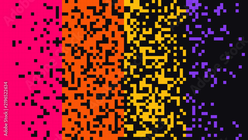 Abstract background, with a digital, pixelated gradient transitioning, from pink to, orange, yellow, and, purple on a, dark black backdrop surface
