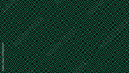 Abstract background, with a complex, maze pattern of, thin green lines, on a dark, black surface, creating, a geometric and, repetitive structure