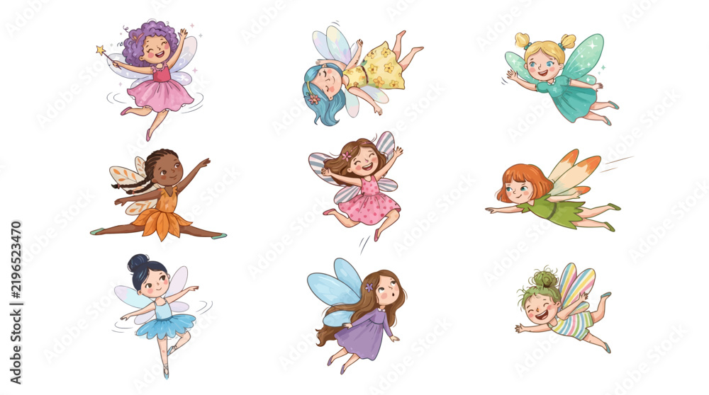 Fototapeta premium Collection of fairy characters performing aerial poses in whimsical style with vibrant colors and fantasy elements