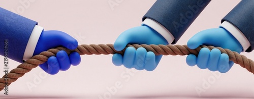 Hands in suits pull rope in opposite directions. Business conflict or competition illustrated with tug of war. Two sides exert force in a struggle.