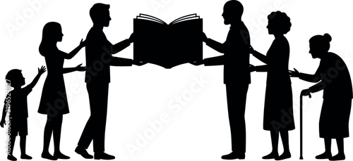 Silhouette vector Group of people reading a large book together in a circle