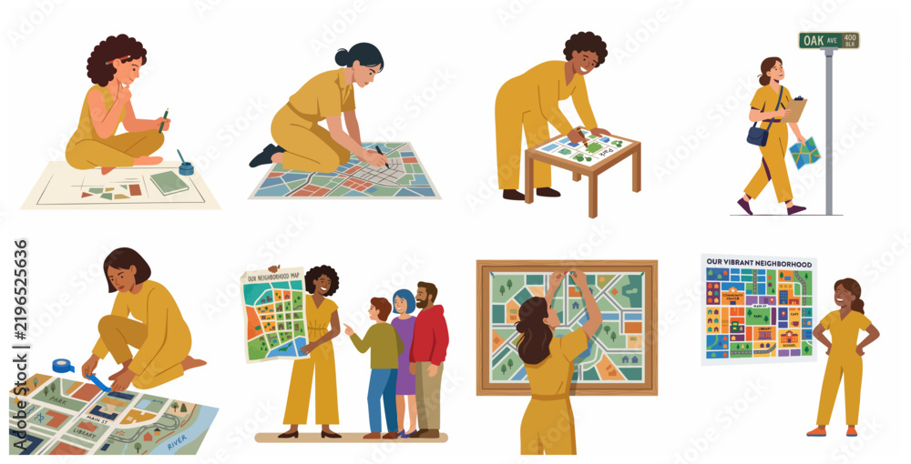 Fototapeta premium Set of diverse women urban planners and cartographers working on neighborhood maps for community development