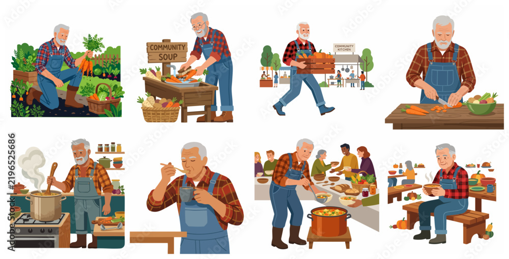 Fototapeta premium Senior man volunteering in a community soup kitchen from harvesting garden vegetables to cooking and serving healthy food to people, charity concept vector illustration set.