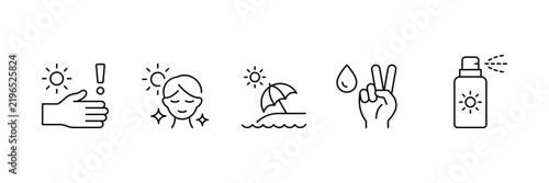 Skincare and Natural Cosmetics Line Icon Set. Skin Barrier Protection, UV Defense, Herbal Ingredients, Filtration, and Antioxidants symbol collection.