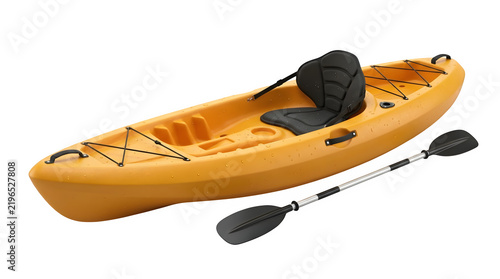 Yellow recreational sitontop kayak with black seat and paddle isolated on transparent background